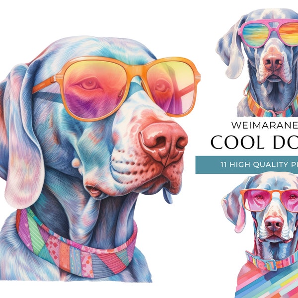 Cool Weimaraner Dog Clipart, 11 High Quality PNGs, Funny Dogs with sunglasses Watercolor, Digital Crafting, Digital Download