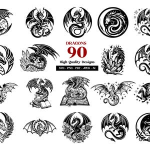 Op de afbeelding: Een verzameling van 90 hoogwaardige drakenontwerpen in zwart en wit. De ontwerpen bevatten verschillende drakenillustraties in cirkelvormige en andere decoratieve arrangementen. De afbeelding bevat de tekst "DRAGONS 90 High Quality Designs" en bestandstype-opties.