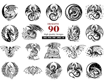 Dragon SVG Bundle, 90 Mythical Dragon PNG Clipart, Fantasy Magical Designs, Cricut, Digital Download