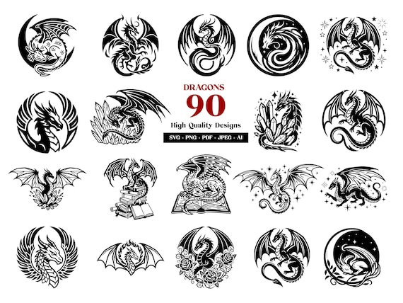 Dragon SVG Bundle, 90 Mythical Dragon PNG Clipart, Fantasy Magical Designs, Cricut, Digital Download