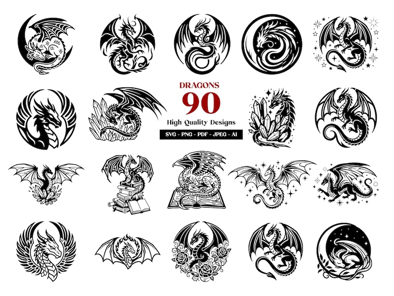 Puede incluir: Una colecci&oacute;n de 90 dise&ntilde;os de dragones de alta calidad en blanco y negro. Los dise&ntilde;os presentan varias ilustraciones de dragones en arreglos circulares y otros decorativos. La imagen incluye el texto "DRAGONS 90 High Quality Designs" y opciones de tipo de archivo.