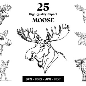 Moose SVG Clipart, Woodland Minimalist Line Art, Logo Animal Vector, Sztuka nowoczesna, Projekt tatuażu i sublimacji, Haft, Pobieranie cyfrowe