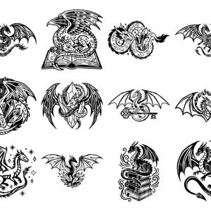Puede incluir: Una colecci&oacute;n de ilustraciones de dragones en blanco y negro. Los dise&ntilde;os presentan dragones con alas detalladas, algunos posados en libros o cristales, y otros con elementos de llave o estrella. Estas ilustraciones son adecuadas para proyectos de tem&aacute;tica fant&aacute;stica.