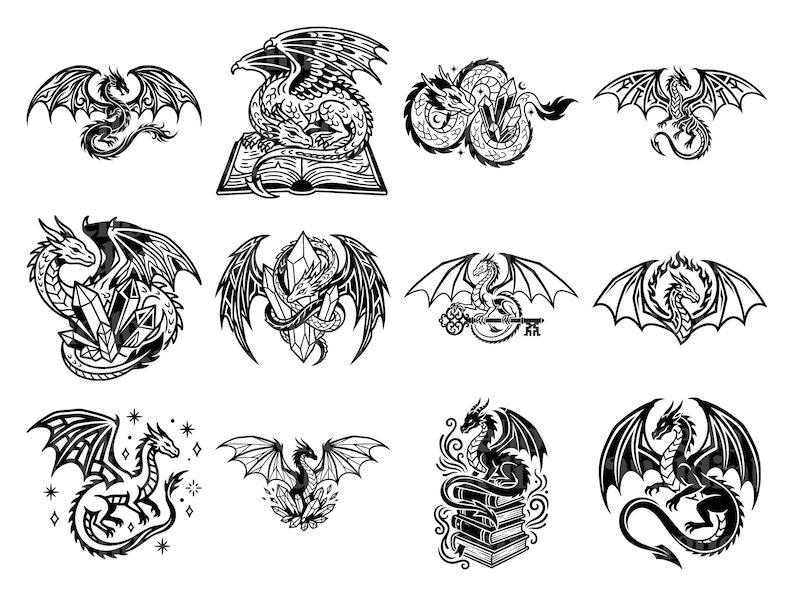 Puede incluir: Una colecci&oacute;n de ilustraciones de dragones en blanco y negro. Los dise&ntilde;os presentan dragones con alas detalladas, algunos posados en libros o cristales, y otros con elementos de llave o estrella. Estas ilustraciones son adecuadas para proyectos de tem&aacute;tica fant&aacute;stica.