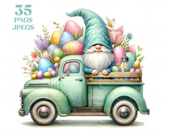 Watercolor Easter Gnome Farm Truck Clipart Bundle (Digital Download)