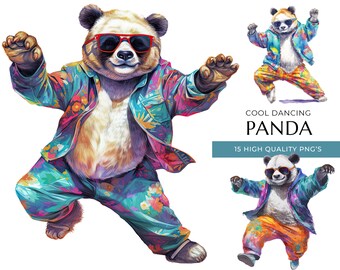 Dancing Panda Clipart: 15 Funny Watercolor PNGs (Digital Download)