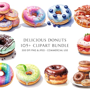 Watercolor Donuts Clipart 105+ High Quality PNG & JPEG, Dessert Donut, Baking Clipart, Sweet Bakery Food, Junk Journal, Digital Download