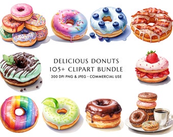 Watercolor Donuts Clipart: 105+ Bakery PNG & JPEG (Digital Download)