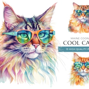 Cool Cats Aquarelle Clipart, 13 PNG de haute qualité, Funny Maine Coon Cats avec des impressions de lunettes de soleil, Artisanat numérique, Téléchargement numérique