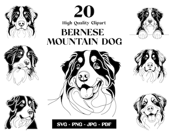 Bernese Mountain Dog Line Art: SVG PNG Clipart Bundle (digital