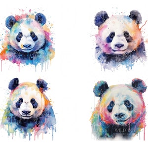 May include: Four watercolor paintings of panda bears with colorful splashes of paint. The pandas are looking directly at the viewer with a friendly expression.