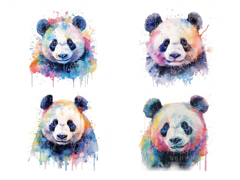 May include: Four watercolor paintings of panda bears with colorful splashes of paint. The pandas are looking directly at the viewer with a friendly expression.
