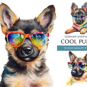 Cooler Schäferhund Welpe Hund Clipart, 13 hochwertige PNGs, lustige und süße Baby Hunde mit Sonnenbrille, digitales Basteln, digitaler Download