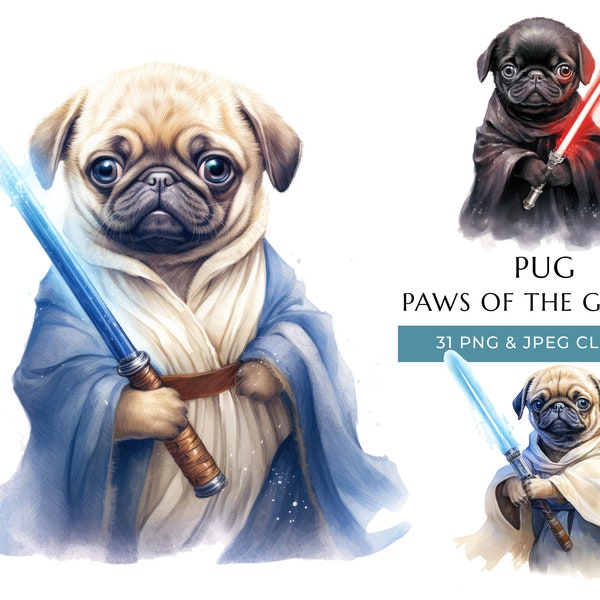 Pug Puppy Clipart 31 High Quality PNG & JPEG, Watercolor Funny Dogs of the Galaxy Prints, Digital Crafting, Digital Download