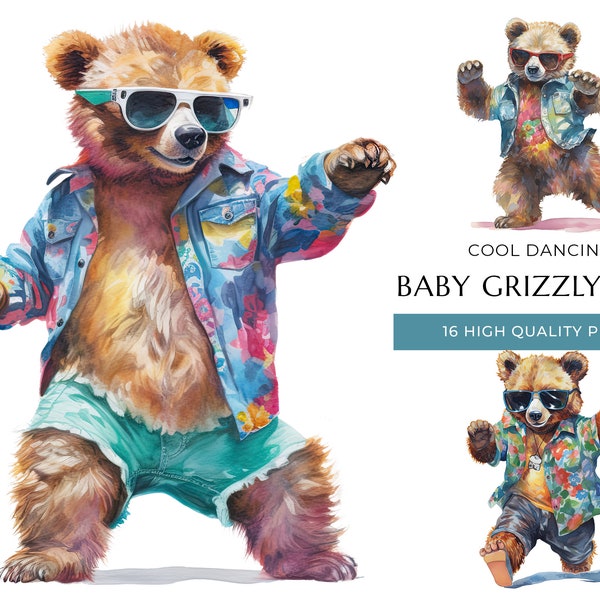 Cool Dancing Baby Grizzly Bear Clipart, 16 High Quality PNG, Cute Watercolor Animals, Digital Prints and Creative Projects, Digital Download