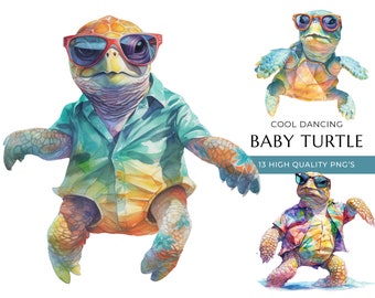 Baby Sea Turtle Clipart, Dancing Watercolor Animals (Digital Download)