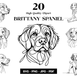 Pacchetto Clipart Brittany Spaniel SVG e PNG: Digital Line Art, disegno vettoriale minimalista per sublimazione, amante dei cani, download digitale