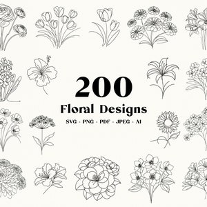 Pacchetto SVG floreale 200, Clipart floreale linea arte, Bouquet floreale PNG, Fiori di nascita mamma, Grafica vettoriale, Giardinaggio, Matrimonio, Download digitale