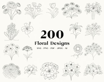 200 Floral Line Art SVG Bundle: Flower Bouquet Clipart (Digital Download)