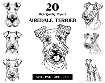 May include: A set of 20 black and white line drawings of Airedale Terriers in various poses. The text "20 High Quality Clipart Airedale Terrier" is at the top of the image. The text "SVG - PNG - JPG - PDF" is at the bottom of the image.