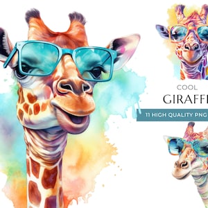 Watercolor Giraffe Clipart with Sunglasses, 11 High-Quality PNG & JPEG, Cool Safari Animal Print, Digital Crafting, Digital Download