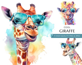Aquarelle girafe Clipart avec lunettes de soleil, 11 PNG de haute qualité & JPEG, Cool Safari Animal Print, artisanat numérique, téléchargement numérique