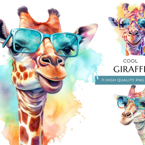 Watercolor Giraffe Clipart with Sunglasses, 11 High-Quality PNG & JPEG, Cool Safari Animal Print, Digital Crafting, Digital Download