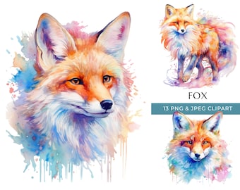 Clipart di volpe ad acquerello: animale del bosco PNG e JPEG (download digitale)