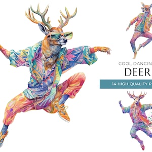 May include: A digital illustration of a deer wearing sunglasses and a colorful patterned shirt, dancing with a dynamic pose. The deer is jumping in the air with one leg extended forward and the other leg bent behind it. The deer's antlers are visible and the background is white.