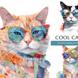 Cool Cats Watercolor Clipart, 15 High Quality PNGs, Funny Assorted Cats with sunglasses Prints, Digital Crafting, Digital Download