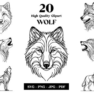 Clipart SVG Wolf, Minimalistyczna grafika liniowa, Logo Animal Vector, Sztuka nowoczesna, Projekt tatuażu i sublimacji, Haft, Pobieranie cyfrowe