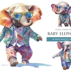 Cool Dancing Baby Elephant Clipart, 12 hoogwaardige PNG's, schattige aquareldieren, digitale prints en creatieve projecten, digitale download