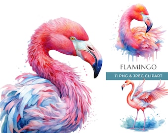 Watercolor Flamingo Clipart – 11 PNG & JPEG Animal Prints (Digital Download)