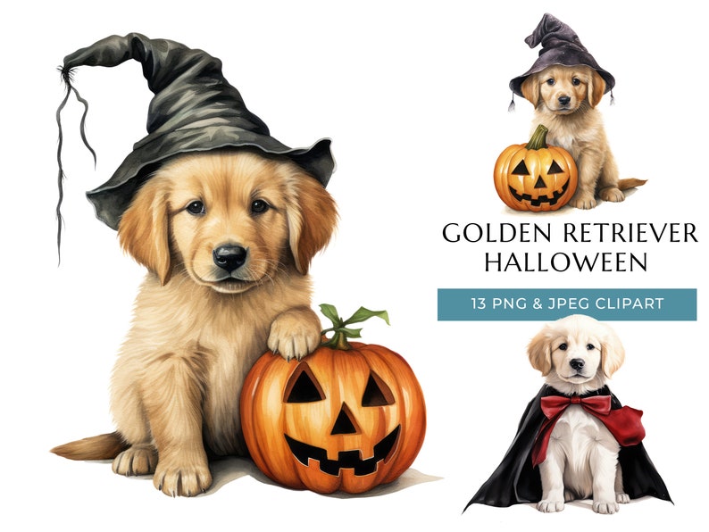 Golden Retriever Halloween Clipart - Puppy Costumes (digital Download ...