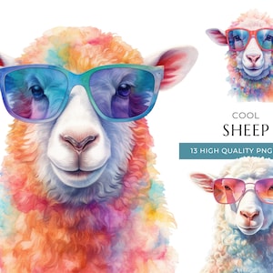 Clipart mouton aquarelle avec lunettes de soleil, 13 PNG de haute qualité et JPEG, impression d’animaux de ferme Cool, artisanat numérique, téléchargement numérique