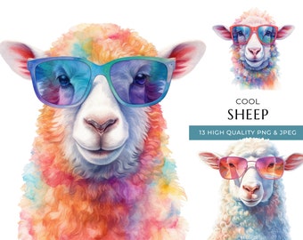 Watercolor Sheep Clipart with Sunglasses, 13 High-Quality PNG & JPEG, Cool Farm Animal Print, Digital Crafting, Digital Download