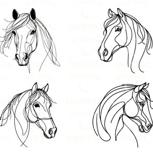 Pu&ograve; includere: Quattro disegni a linea di teste di cavallo di profilo. Ogni cavallo ha uno stile di criniera e un'espressione facciale diversi.