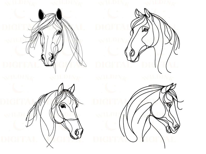 Pu&ograve; includere: Quattro disegni a linea di teste di cavallo di profilo. Ogni cavallo ha uno stile di criniera e un'espressione facciale diversi.