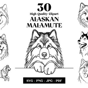 Alaskan Malamute SVG & PNG Clipart Bundle: Digitale Linie Kunst, minimalistische Vektor Hund Zeichnung für Sublimation, Welpe digitaler Download