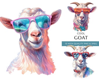 Cabra en acuarela con gafas de sol, arte de animales de granja (descarga digital)