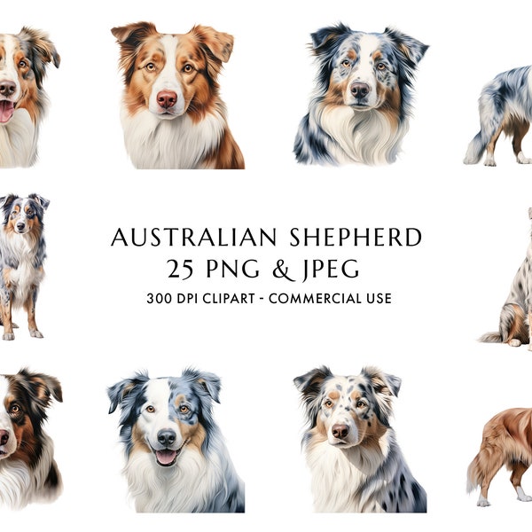 Watercolor Australian Shepherd Clipart Bundle 25 High Quality PNG & JPEG, Aussie Gift for dog mom and dad, Digital Download