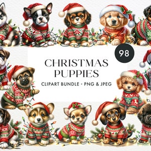 Watercolor Christmas Dogs, 98 Cute Puppies PNG & JPEG Clipart Bundle, 51 Breeds, Dog Breed Sublimation, Digital Download
