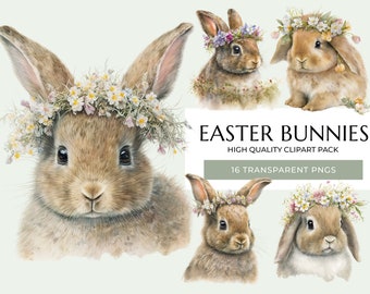 Watercolor Easter Bunny Clipart: Flower Crown PNG (Digital Download)