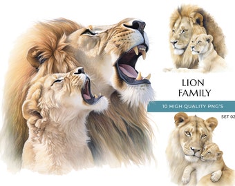 Papa Lion & Cub, impression de père et bébé lion, 10 PNG de haute qualité, Safari Nursery Gift pour papa, Sublimation, Instant Digital Download Set 2