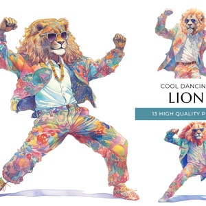 Cool Dancing Lion Clipart, 13 PNGs de alta qualidade, animais engraçados em aquarela, impressões digitais e projetos criativos, download digital, conjunto 01