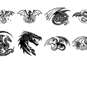Puede incluir: Una colecci&oacute;n de ocho ilustraciones de dragones negros con varias poses y dise&ntilde;os. Algunos dragones tienen las alas extendidas, otros est&aacute;n enrollados y uno es una cabeza de drag&oacute;n. Los dise&ntilde;os son adecuados para tatuajes o arte gr&aacute;fico.