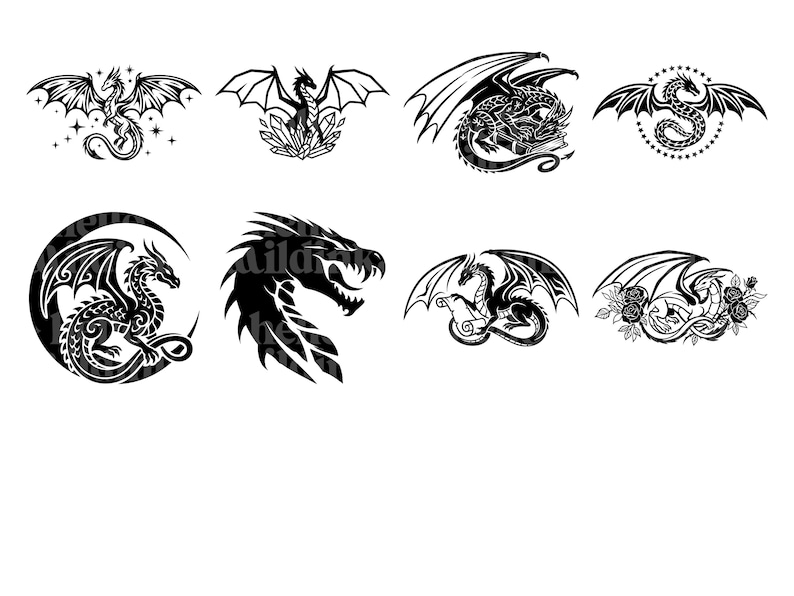 Puede incluir: Una colecci&oacute;n de ocho ilustraciones de dragones negros con varias poses y dise&ntilde;os. Algunos dragones tienen las alas extendidas, otros est&aacute;n enrollados y uno es una cabeza de drag&oacute;n. Los dise&ntilde;os son adecuados para tatuajes o arte gr&aacute;fico.