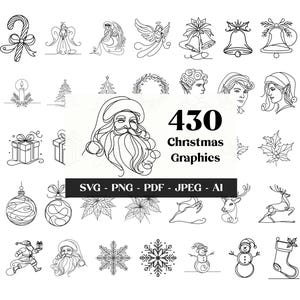 430 Mega Bundle de clipart SVG de Natal, arte de linha minimalista, Papai Noel, flocos de neve, renas, árvore de Natal, clipart de feriado