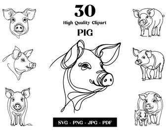 May include: A set of 30 high-quality clipart images of pigs in various poses, drawn in a simple line art style. The text "30 High Quality Clipart PIG" is included in the image.