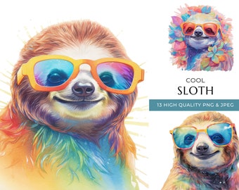 Watercolor Sloth Clipart with Sunglasses, 13 High-Quality PNG & JPEG, Cool Animal Print, Digital Crafting, Digital Download